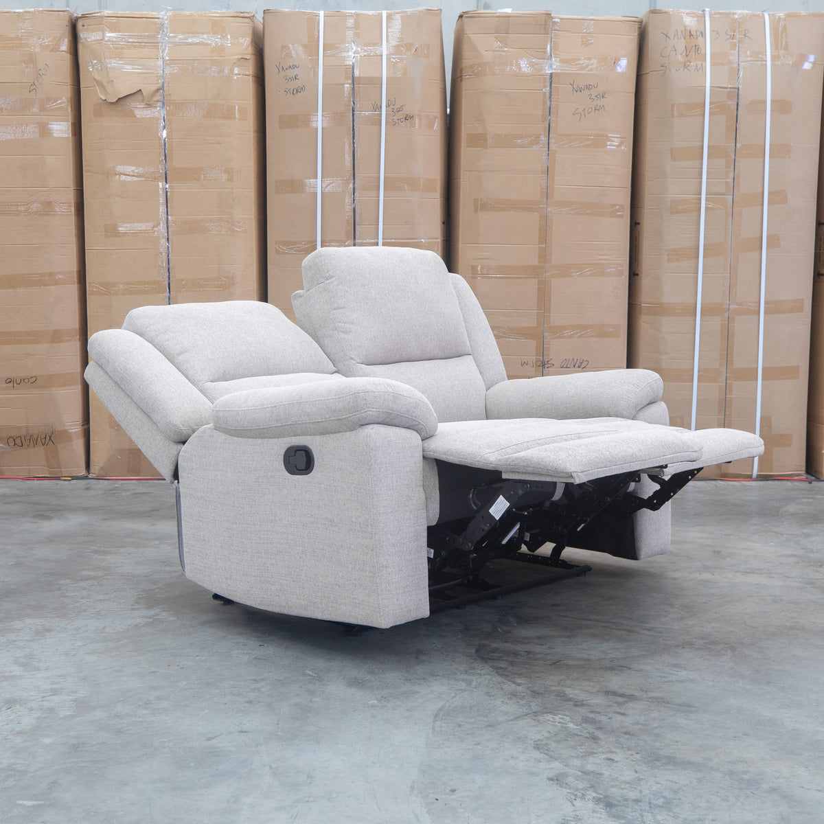 The Hayman Two Seat Recliner Lounge - Bark available to purchase from Warehouse Furniture Clearance at our next sale event.