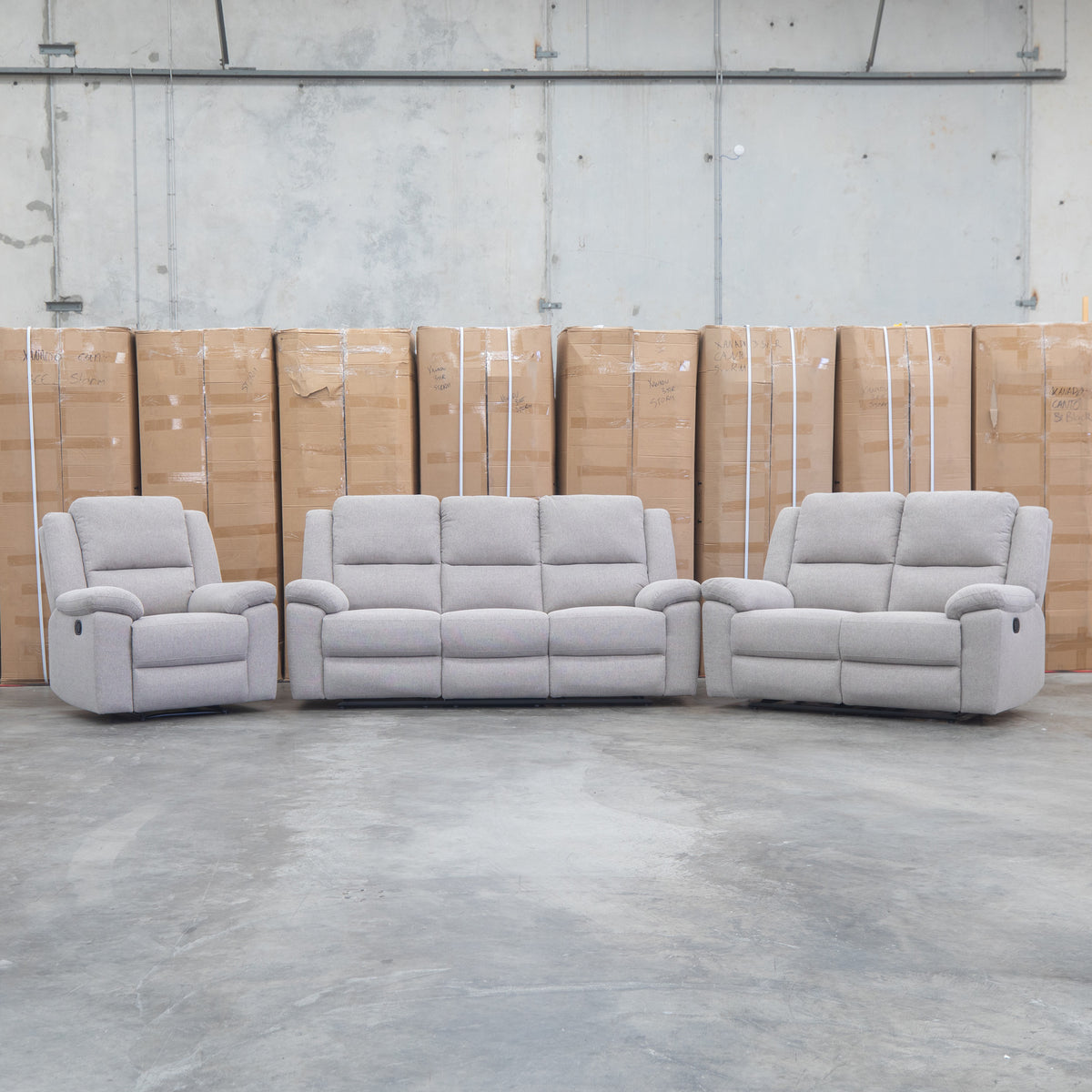 The Hayman Three Seat Recliner Lounge - Bark available to purchase from Warehouse Furniture Clearance at our next sale event.