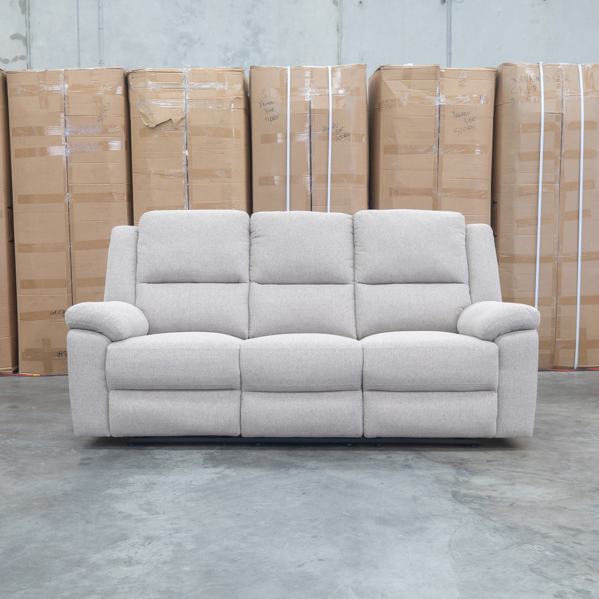 The Hayman Three Seat Recliner Lounge - Bark available to purchase from Warehouse Furniture Clearance at our next sale event.