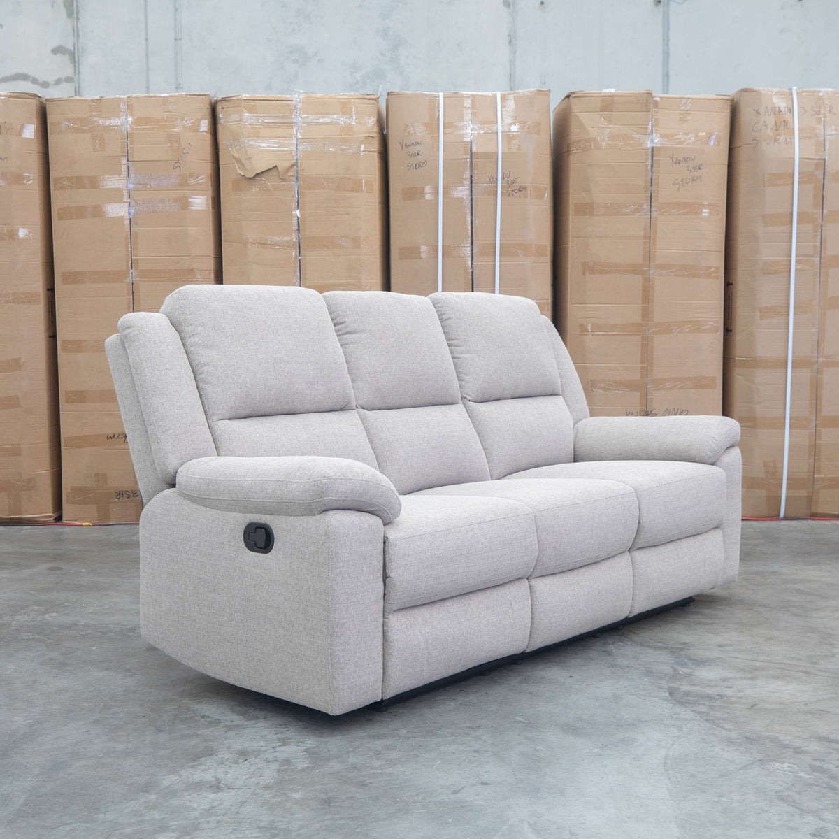 The Hayman Three Seat Recliner Lounge - Bark available to purchase from Warehouse Furniture Clearance at our next sale event.