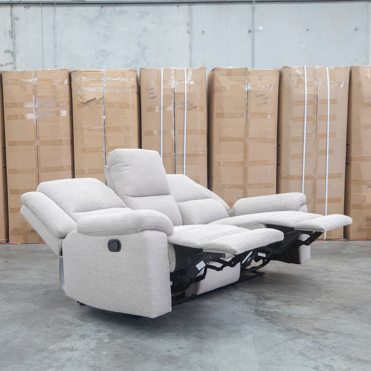 The Hayman Three Seat Recliner Lounge - Bark available to purchase from Warehouse Furniture Clearance at our next sale event.