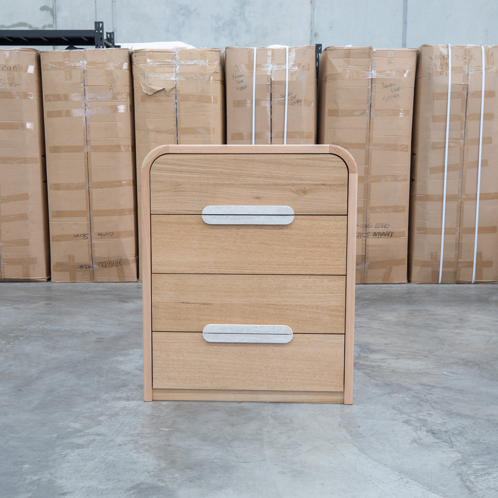 The Hastings Tasmanian Oak Four Drawer Tallboy available to purchase from Warehouse Furniture Clearance at our next sale event.