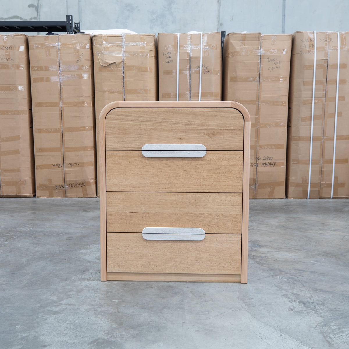 The Hastings Tasmanian Oak Four Drawer Tallboy available to purchase from Warehouse Furniture Clearance at our next sale event.