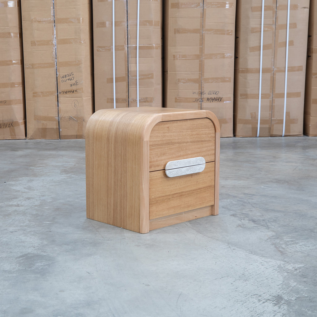 The Hastings Tasmanian Oak Two Drawer Bedside available to purchase from Warehouse Furniture Clearance at our next sale event.