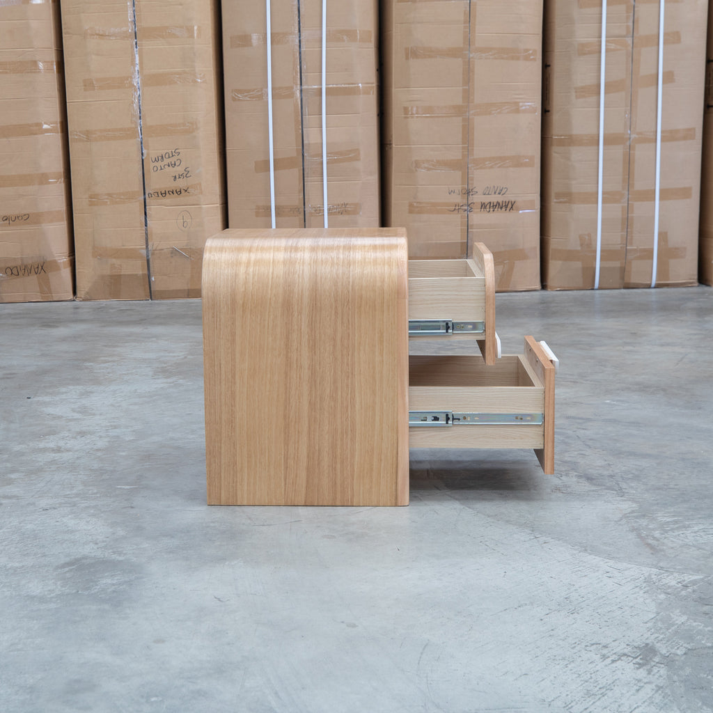 The Hastings Tasmanian Oak Two Drawer Bedside available to purchase from Warehouse Furniture Clearance at our next sale event.