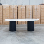 The Province 2.1m Dining Table - Black & White Jazz Top available to purchase from Warehouse Furniture Clearance at our next sale event.