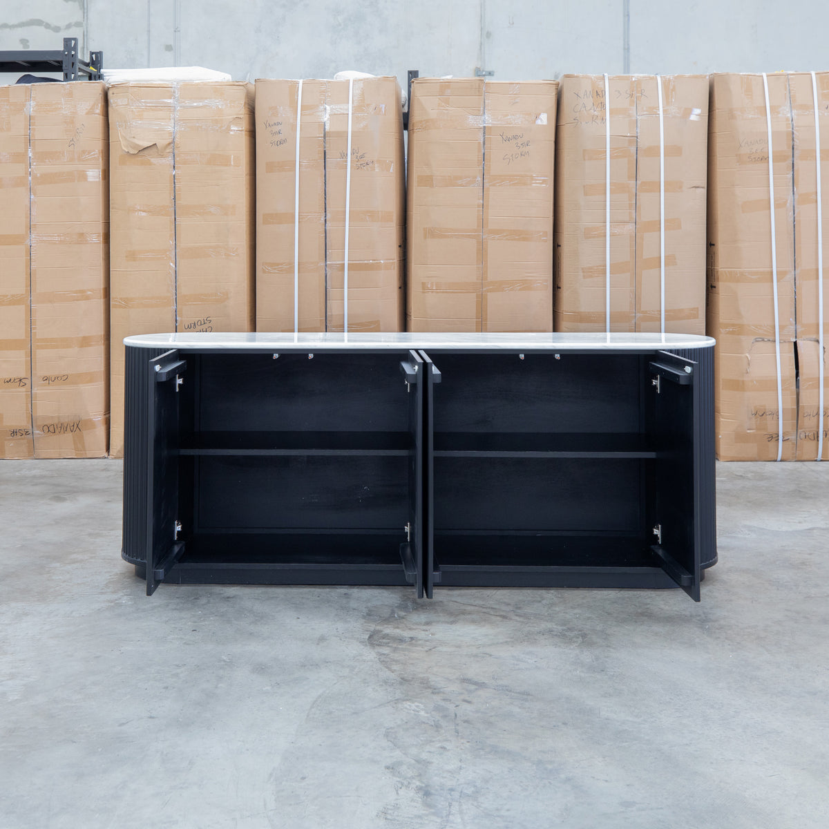 The Province 2.1m Four Door Buffet - Black & White Jazz Top available to purchase from Warehouse Furniture Clearance at our next sale event.