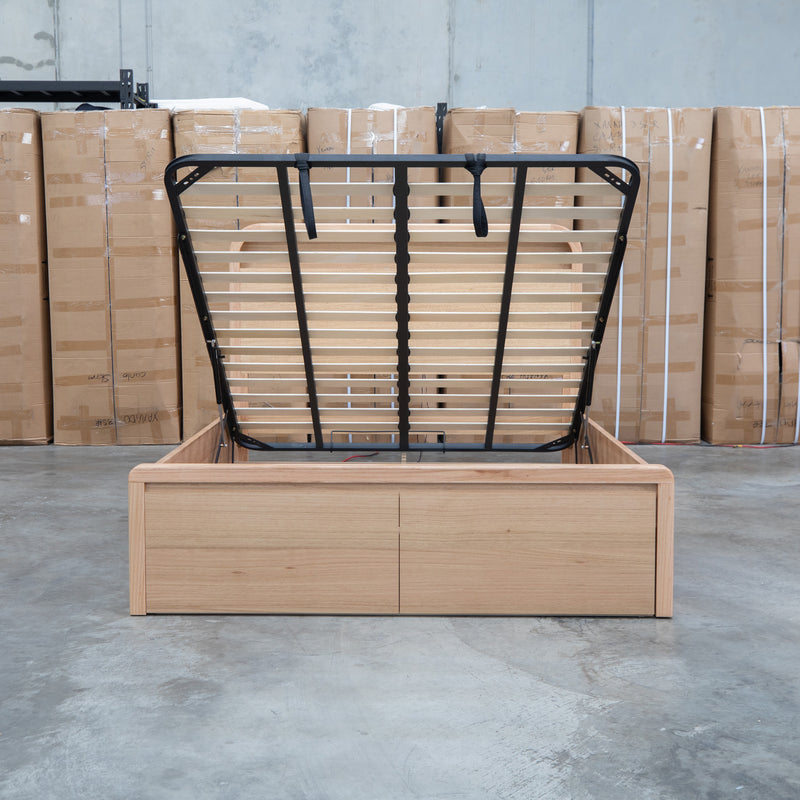 The Hastings Tasmanian Oak King Gaslift Bed with Storage Drawers