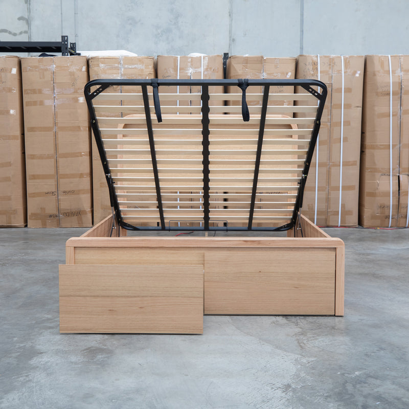 The Hastings Tasmanian Oak King Gaslift Bed with Storage Drawers