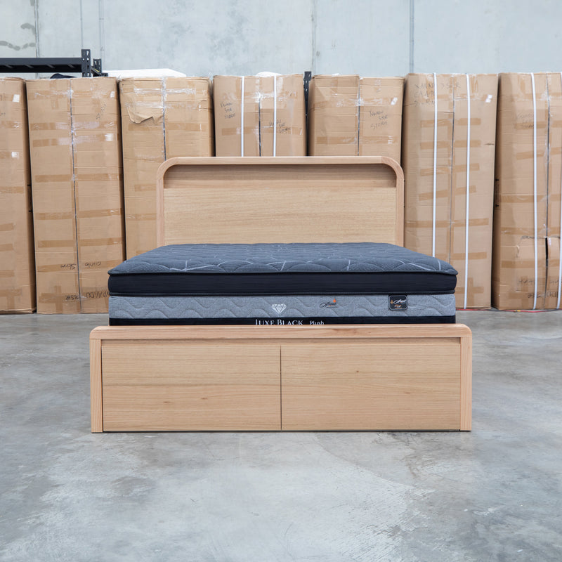 Hastings Tasmanian Oak Queen Gaslift Bed with Storage Drawers