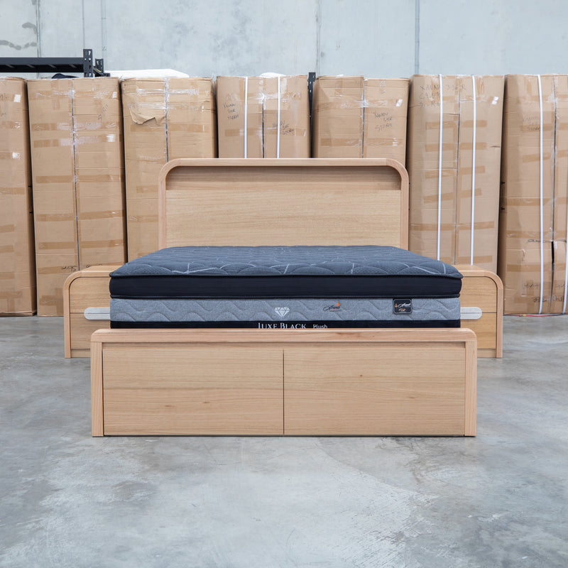 Hastings Tasmanian Oak Queen Gaslift Bed with Storage Drawers