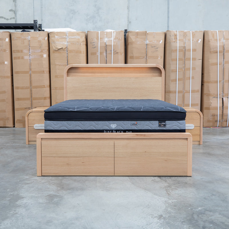 The Hastings Tasmanian Oak King Gaslift Bed with Storage Drawers
