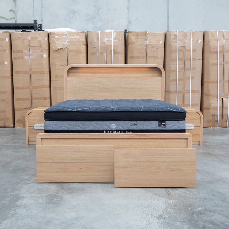 Hastings Tasmanian Oak Queen Gaslift Bed with Storage Drawers