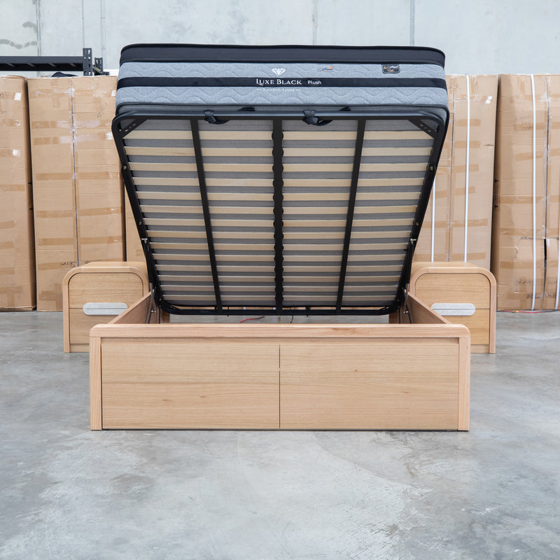 The Hastings Tasmanian Oak King Gaslift Bed with Storage Drawers