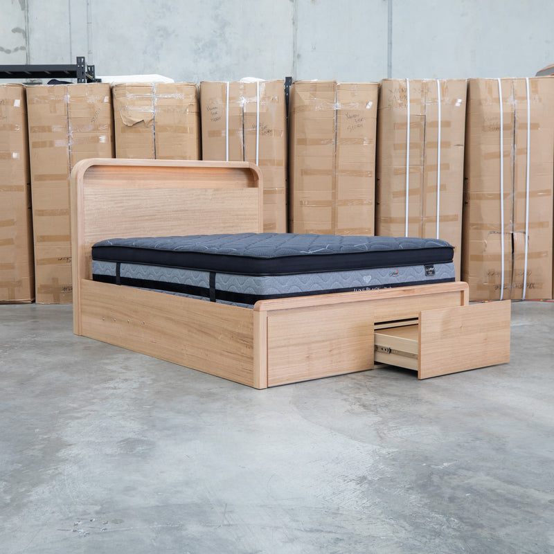Hastings Tasmanian Oak Queen Gaslift Bed with Storage Drawers