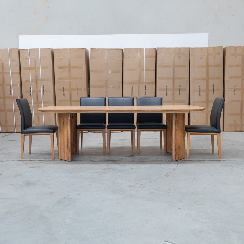 The Malbec 240cm Marri Timber Dining Table available to purchase from Warehouse Furniture Clearance at our next sale event.