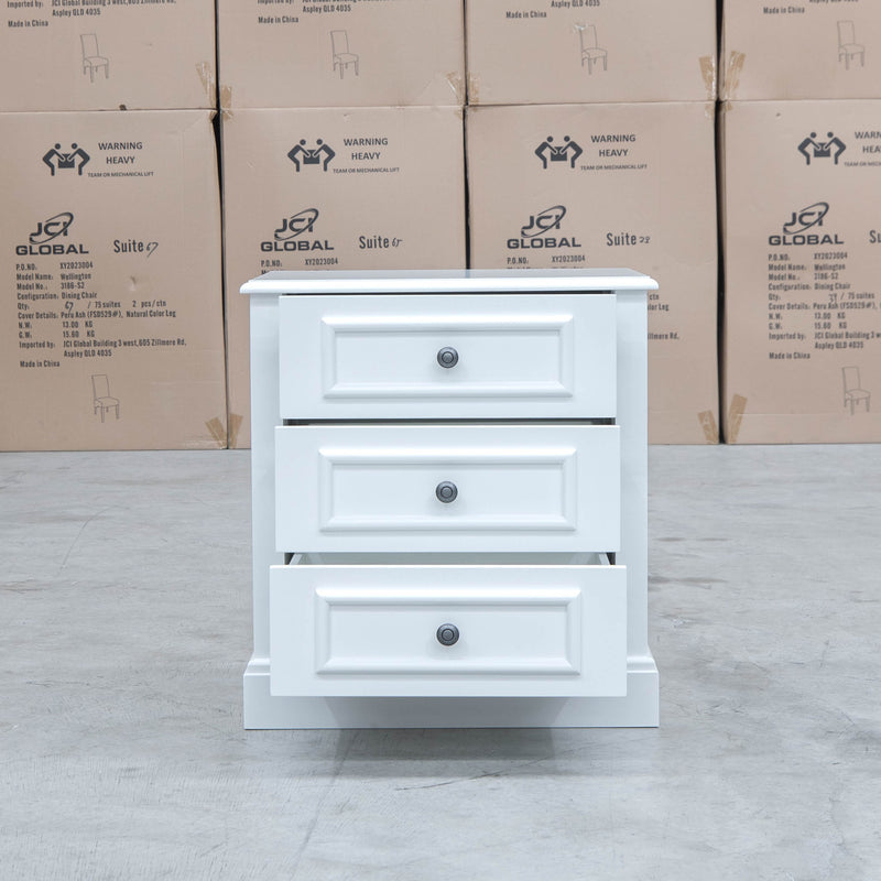 The Hampton 3 Drawer Bedside available to purchase from Warehouse Furniture Clearance at our next sale event.