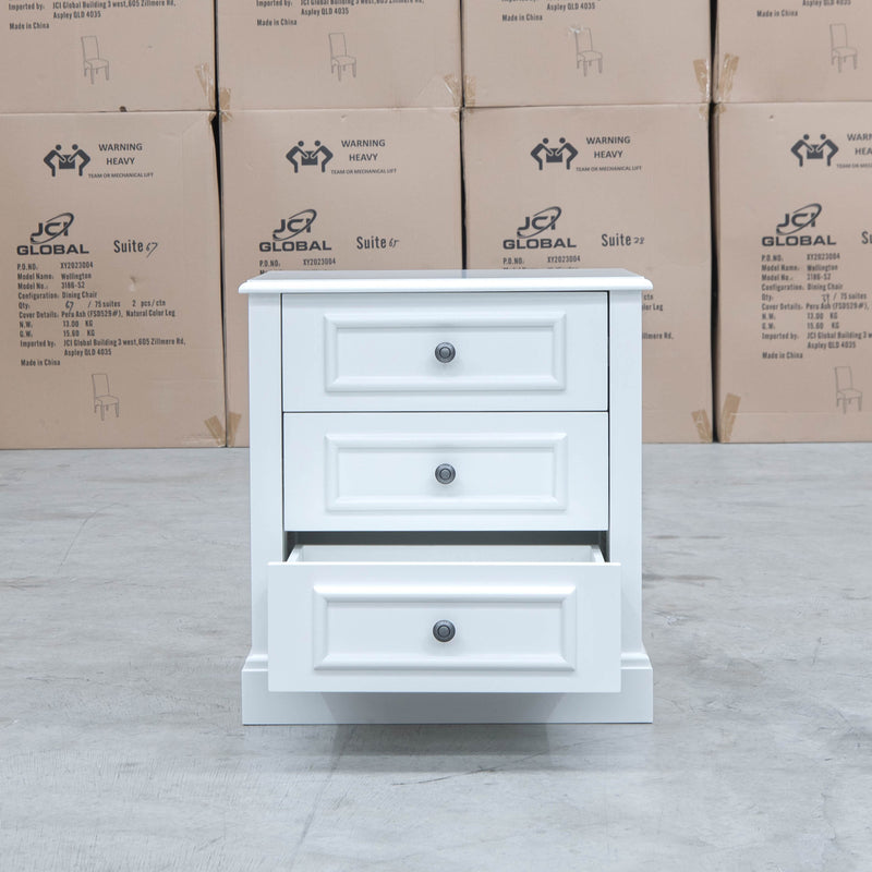 The Hampton 3 Drawer Bedside available to purchase from Warehouse Furniture Clearance at our next sale event.