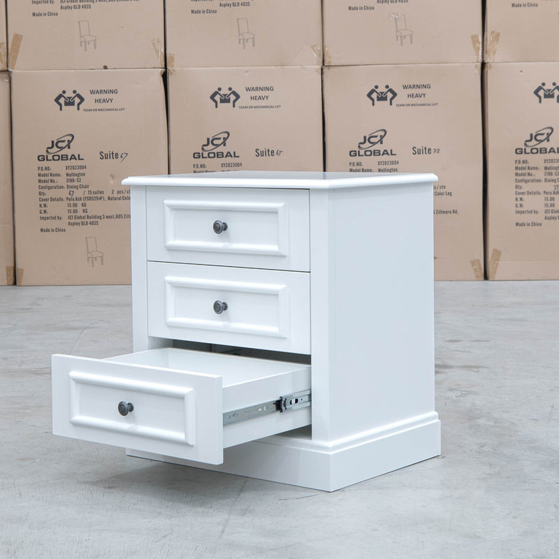 The Hampton 3 Drawer Bedside available to purchase from Warehouse Furniture Clearance at our next sale event.