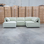 The Sienna Feather & Foam Modular Corner Lounge with Ottoman - Pistachio available to purchase from Warehouse Furniture Clearance at our next sale event.