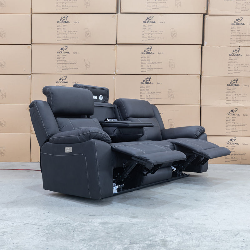 The Apollo Three Seater Dual-Electric Recliner Lounge - Jet available to purchase from Warehouse Furniture Clearance at our next sale event.