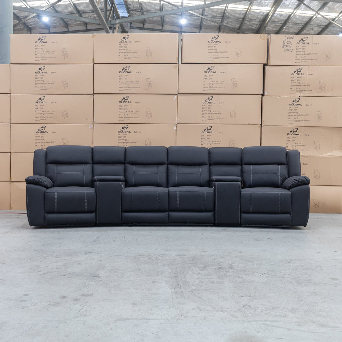The Venus Four Seat Triple Motor Recliner Theatre Lounge - Jet - PRE ORDER Available After 26th October available to purchase from Warehouse Furniture Clearance at our next sale event.