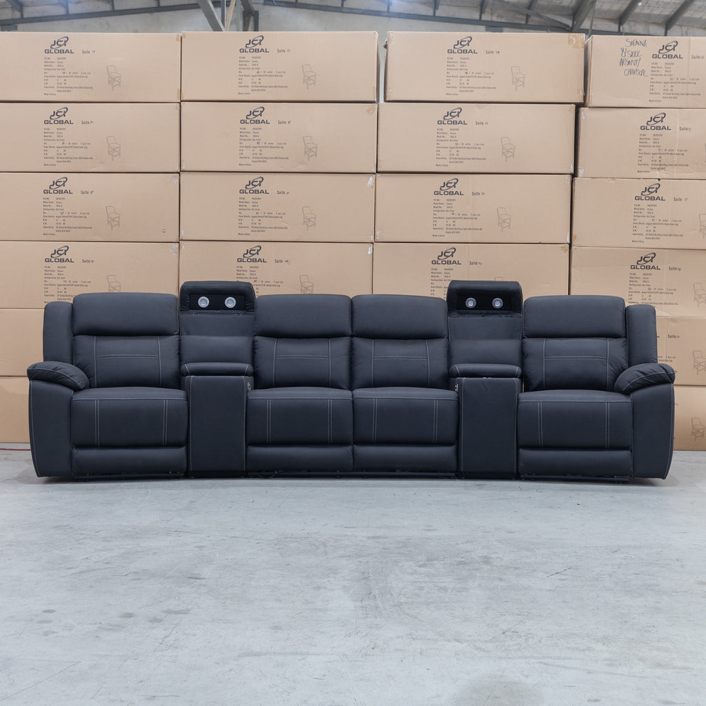 The Venus Four Seat Triple Motor Recliner Theatre Lounge - Jet - PRE ORDER Available After 26th October available to purchase from Warehouse Furniture Clearance at our next sale event.
