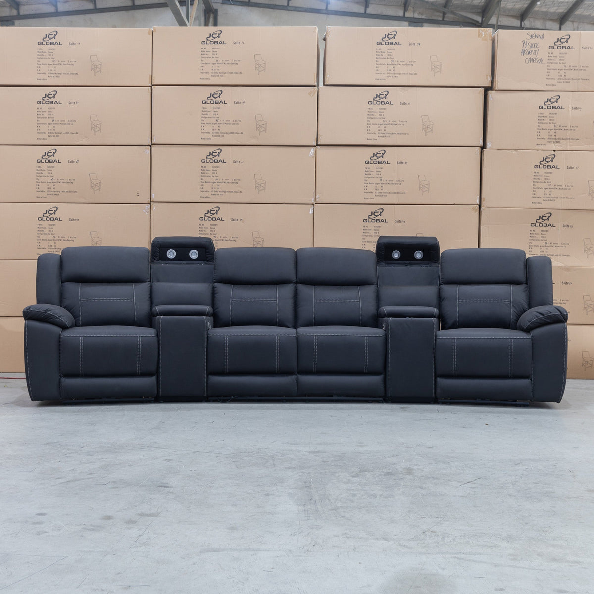 The Venus Four Seat Triple Motor Recliner Theatre Lounge - Jet - PRE ORDER Available After 26th October available to purchase from Warehouse Furniture Clearance at our next sale event.