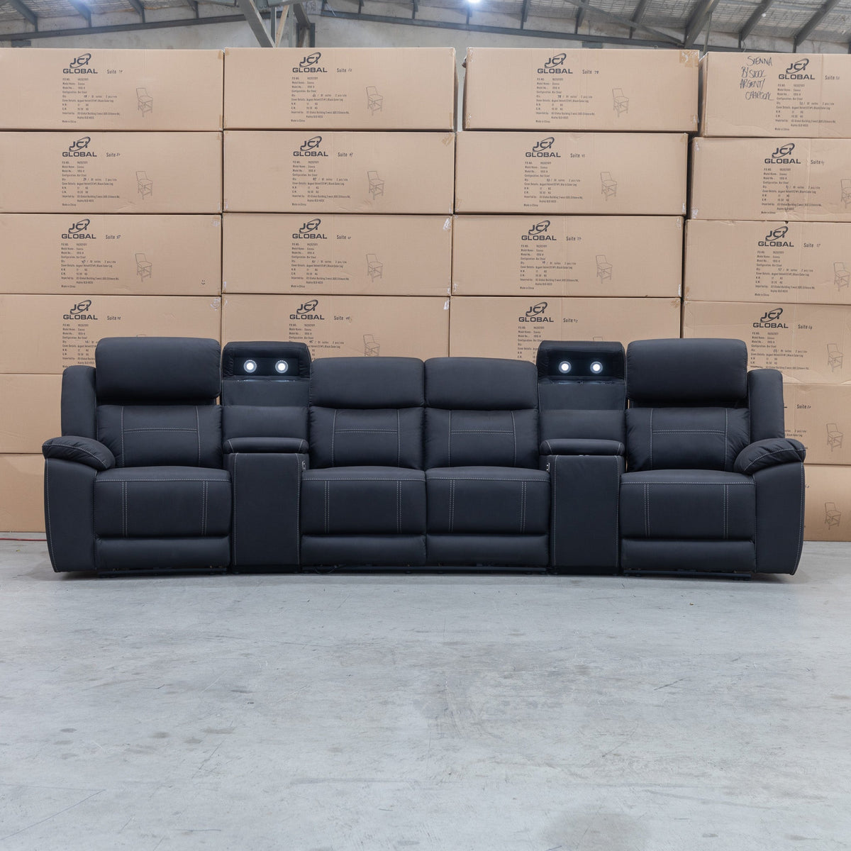 The Venus Four Seat Triple Motor Recliner Theatre Lounge - Jet - PRE ORDER Available After 26th October available to purchase from Warehouse Furniture Clearance at our next sale event.