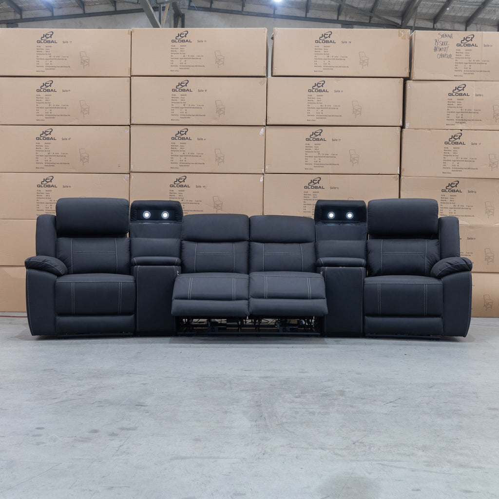 The Venus Four Seat Triple Motor Recliner Theatre Lounge - Jet - PRE ORDER Available After 26th October available to purchase from Warehouse Furniture Clearance at our next sale event.