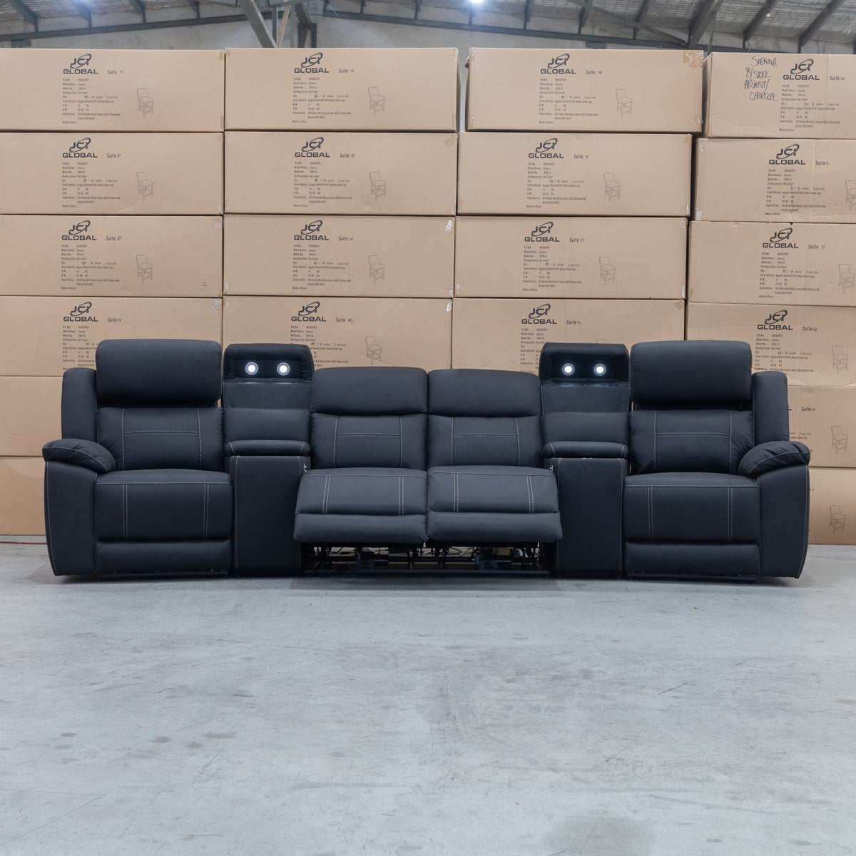 The Venus Four Seat Triple Motor Recliner Theatre Lounge - Jet - PRE ORDER Available After 26th October available to purchase from Warehouse Furniture Clearance at our next sale event.