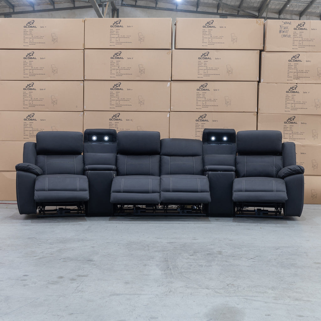 The Venus Four Seat Triple Motor Recliner Theatre Lounge - Jet - PRE ORDER Available After 26th October available to purchase from Warehouse Furniture Clearance at our next sale event.