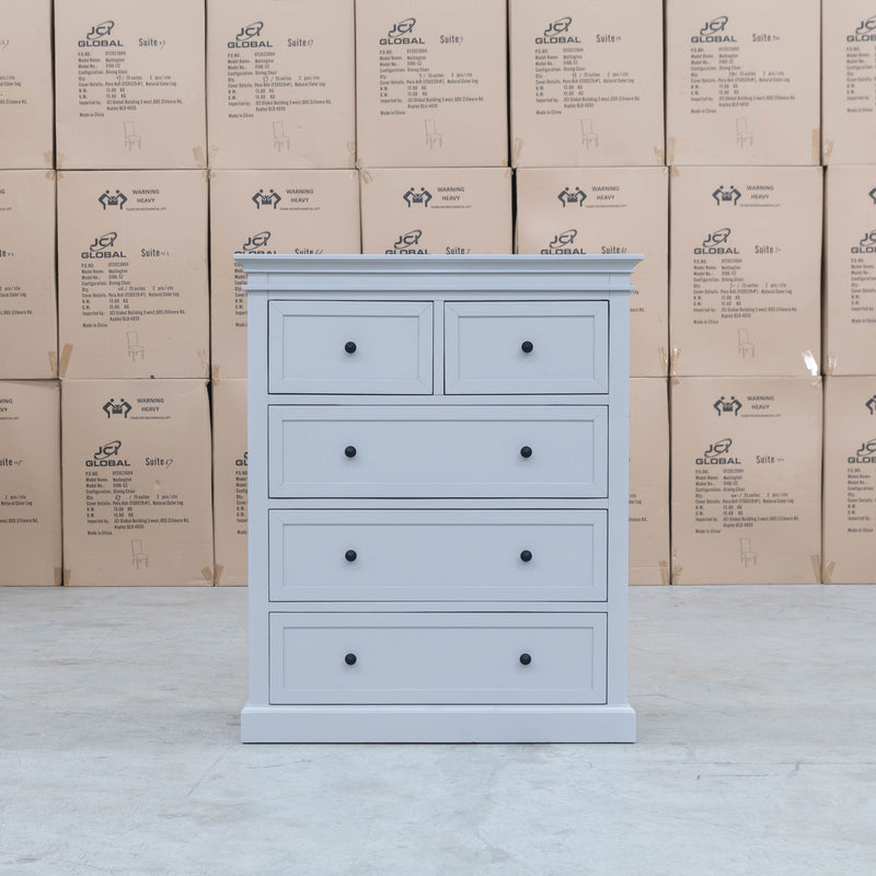 The Bexley 5 Drawer Hardwood Tallboy - Dove Grey available to purchase from Warehouse Furniture Clearance at our next sale event.