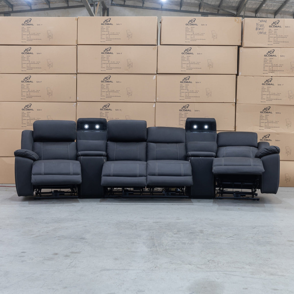 The Venus Four Seat Triple Motor Recliner Theatre Lounge - Jet - PRE ORDER Available After 26th October available to purchase from Warehouse Furniture Clearance at our next sale event.