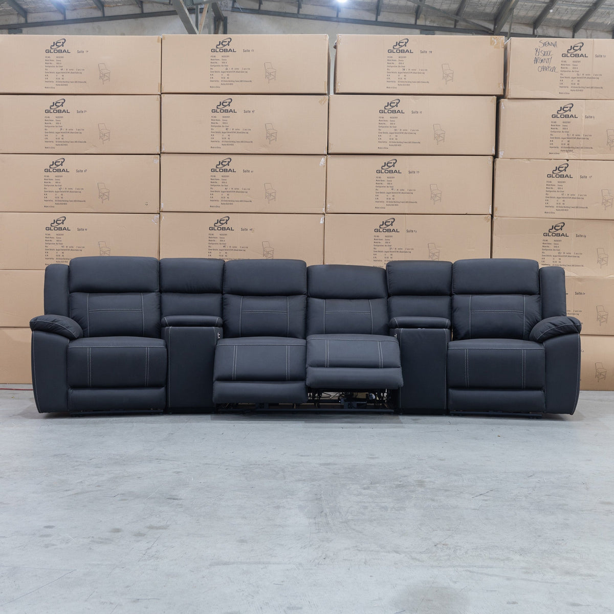 The Venus Four Seat Triple Motor Recliner Theatre Lounge - Jet - PRE ORDER Available After 26th October available to purchase from Warehouse Furniture Clearance at our next sale event.
