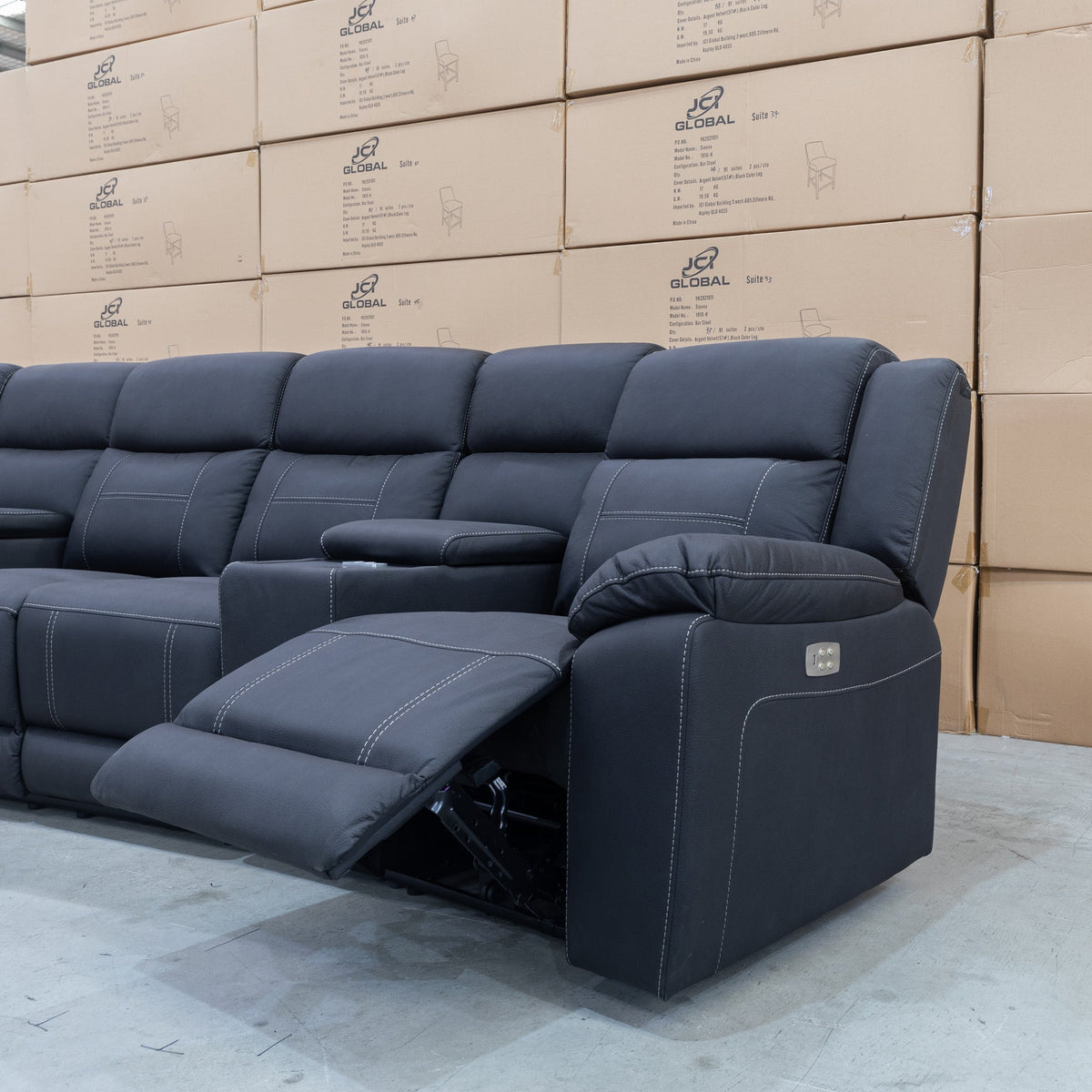 The Venus Four Seat Triple Motor Recliner Theatre Lounge - Jet - PRE ORDER Available After 26th October available to purchase from Warehouse Furniture Clearance at our next sale event.
