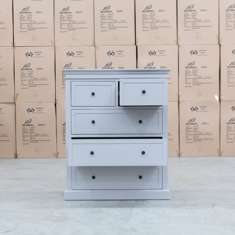 The Bexley 5 Drawer Hardwood Tallboy - Dove Grey available to purchase from Warehouse Furniture Clearance at our next sale event.