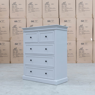 The Bexley 5 Drawer Hardwood Tallboy - Dove Grey available to purchase from Warehouse Furniture Clearance at our next sale event.