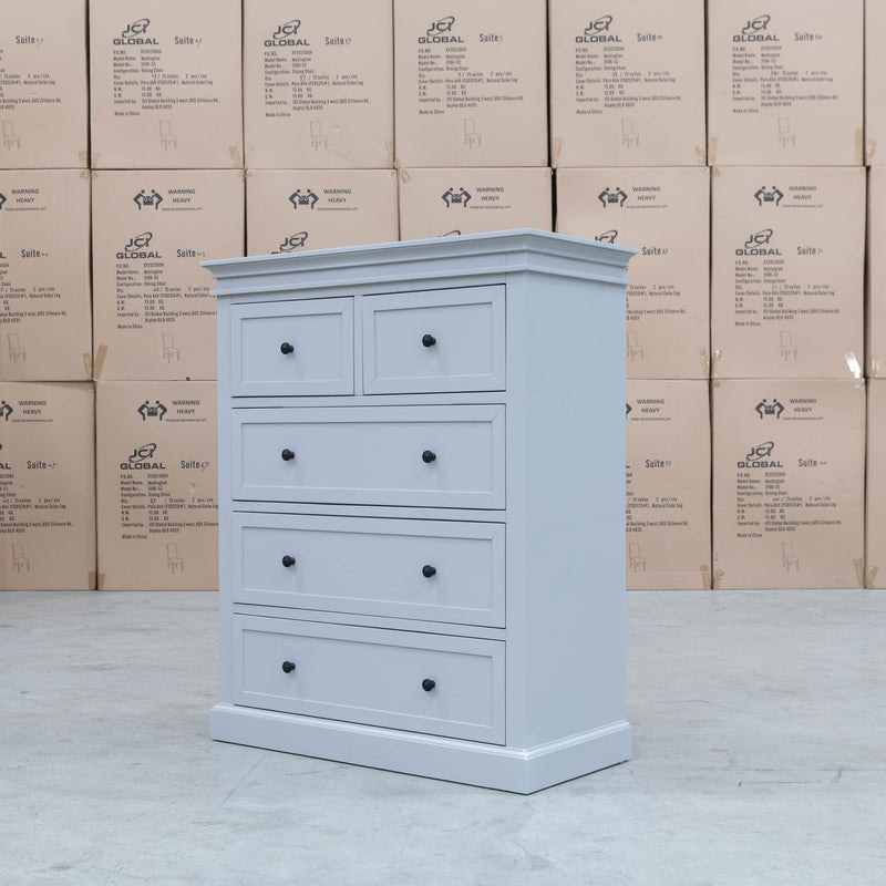 The Bexley 5 Drawer Hardwood Tallboy - Dove Grey available to purchase from Warehouse Furniture Clearance at our next sale event.