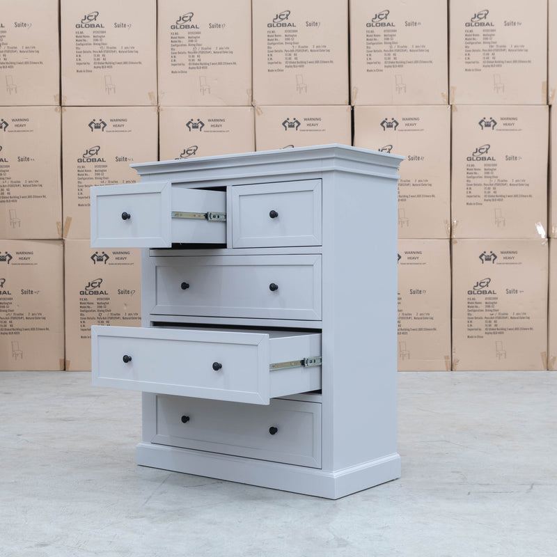 The Bexley 5 Drawer Hardwood Tallboy - Dove Grey available to purchase from Warehouse Furniture Clearance at our next sale event.