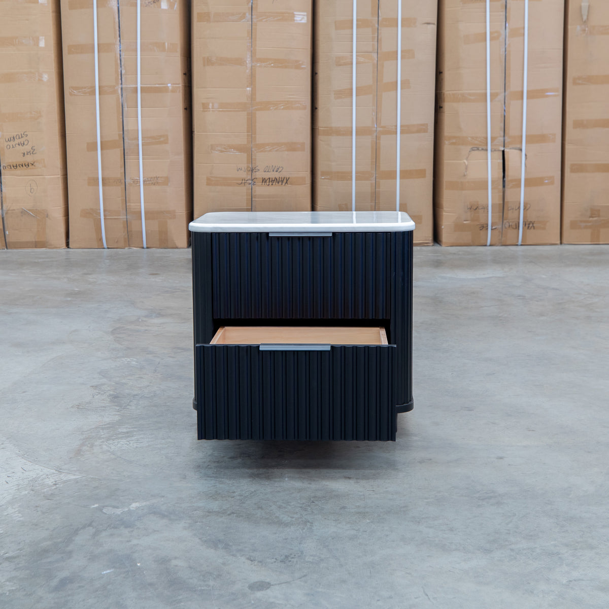 The Province Two Drawer Bedside - Black & White Jazz Top available to purchase from Warehouse Furniture Clearance at our next sale event.