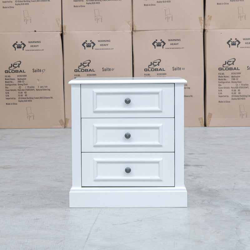 The Hampton 3 Drawer Bedside available to purchase from Warehouse Furniture Clearance at our next sale event.