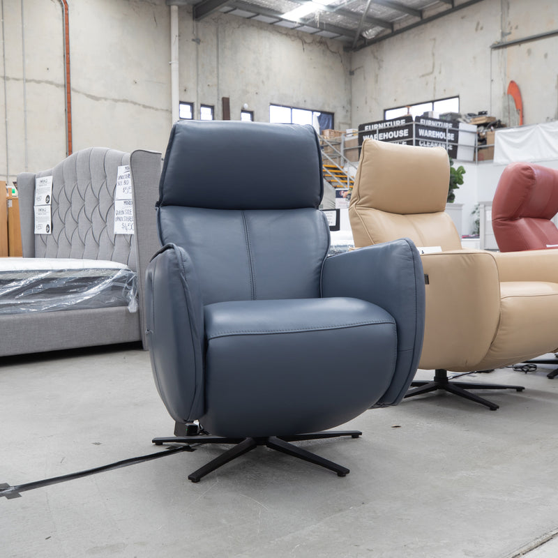 The Xana Electric Recliner Armchair - Blue Leather - Floor Stock As Is available to purchase from Warehouse Furniture Clearance at our next sale event.