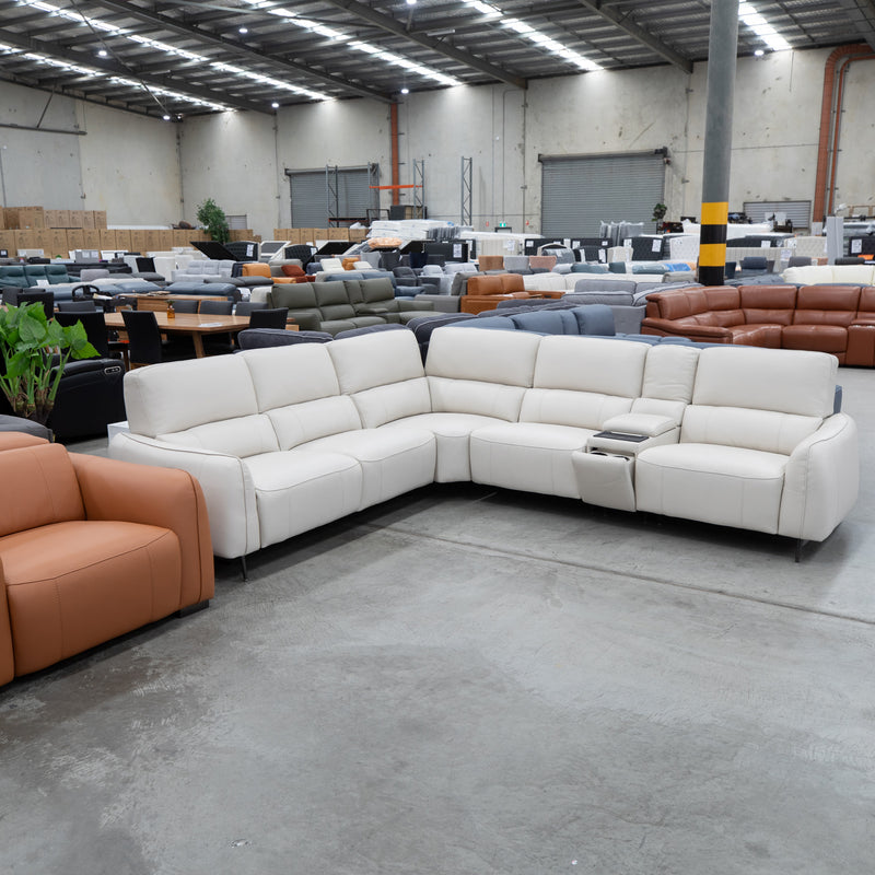 The Java Electric Modular Corner Lounge - White Leather - Floor Stock As Is available to purchase from Warehouse Furniture Clearance at our next sale event.