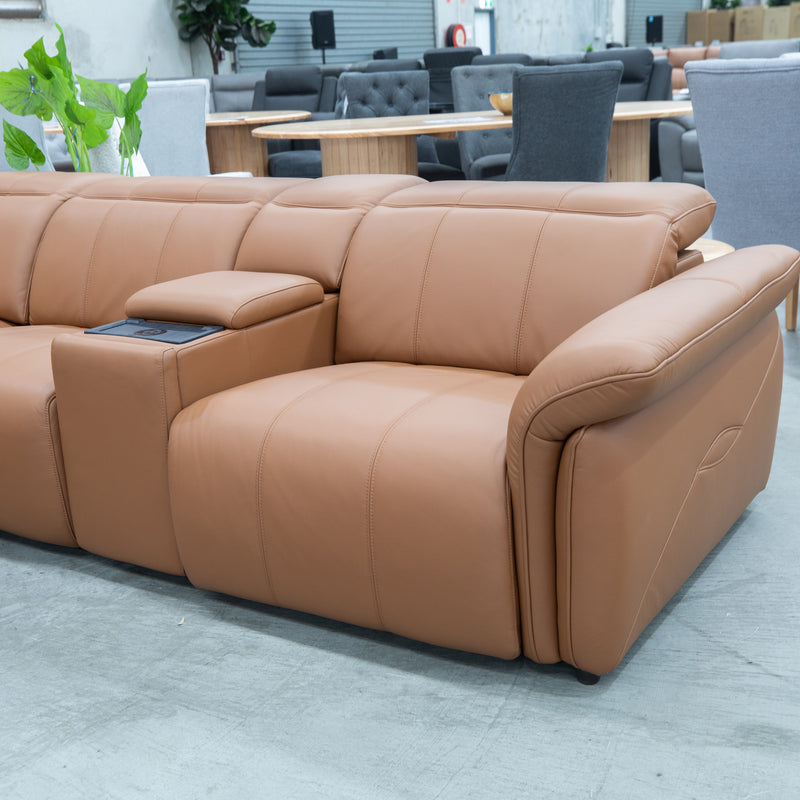 The Astana Dual Motor Electric Modular Corner Lounge - Burnt Orange Leather  - Floor Stock As Is available to purchase from Warehouse Furniture Clearance at our next sale event.