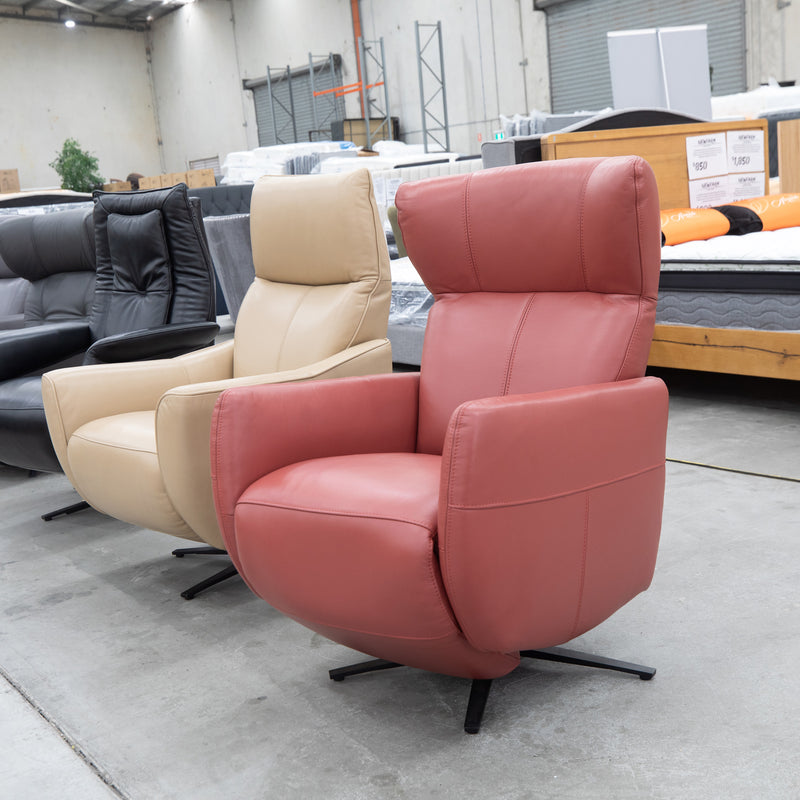 The Montel Electric Recliner Armchair - Lipstick Red Leather - Floor Stock As Is available to purchase from Warehouse Furniture Clearance at our next sale event.