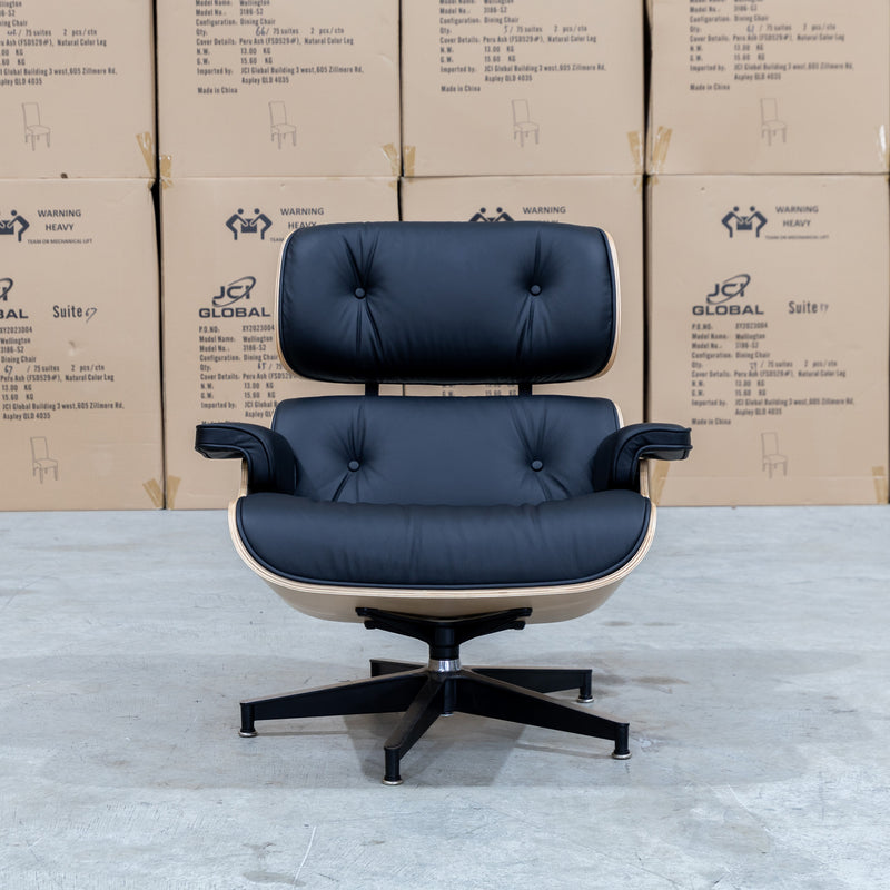 The Eames Replica Leather Chair and Ottoman - Black Leather available to purchase from Warehouse Furniture Clearance at our next sale event.