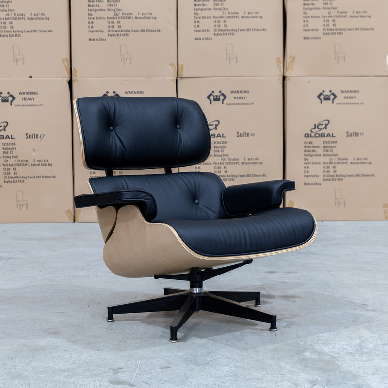 The Eames Replica Leather Chair and Ottoman - Black Leather available to purchase from Warehouse Furniture Clearance at our next sale event.