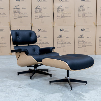 The Eames Replica Leather Chair and Ottoman - Black Leather available to purchase from Warehouse Furniture Clearance at our next sale event.