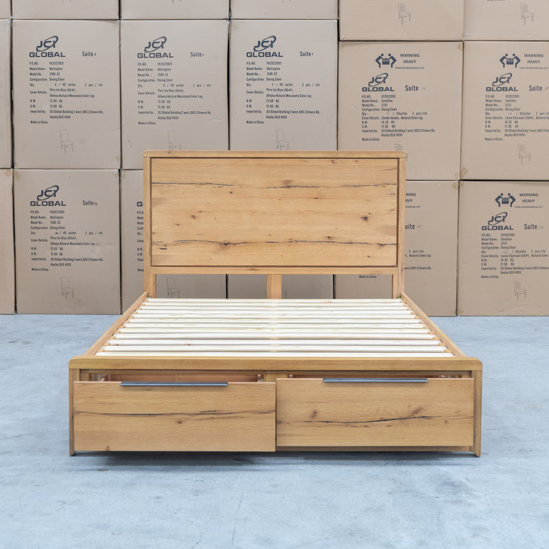 The Newfarm Distressed Oak Queen Storage Bed available to purchase from Warehouse Furniture Clearance at our next sale event.